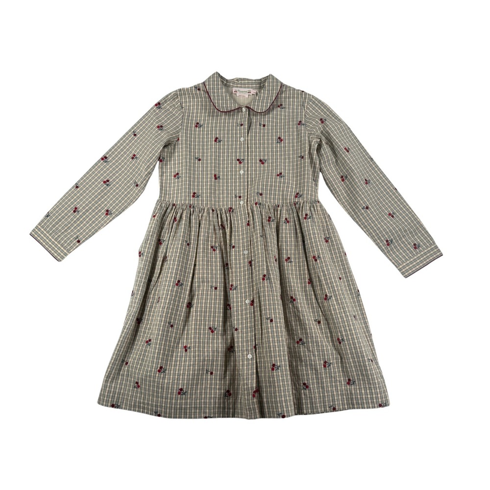 NWT Bonpoint Girls Cherry Embroidered Gingham Dress Long‎ Sleeve 12A